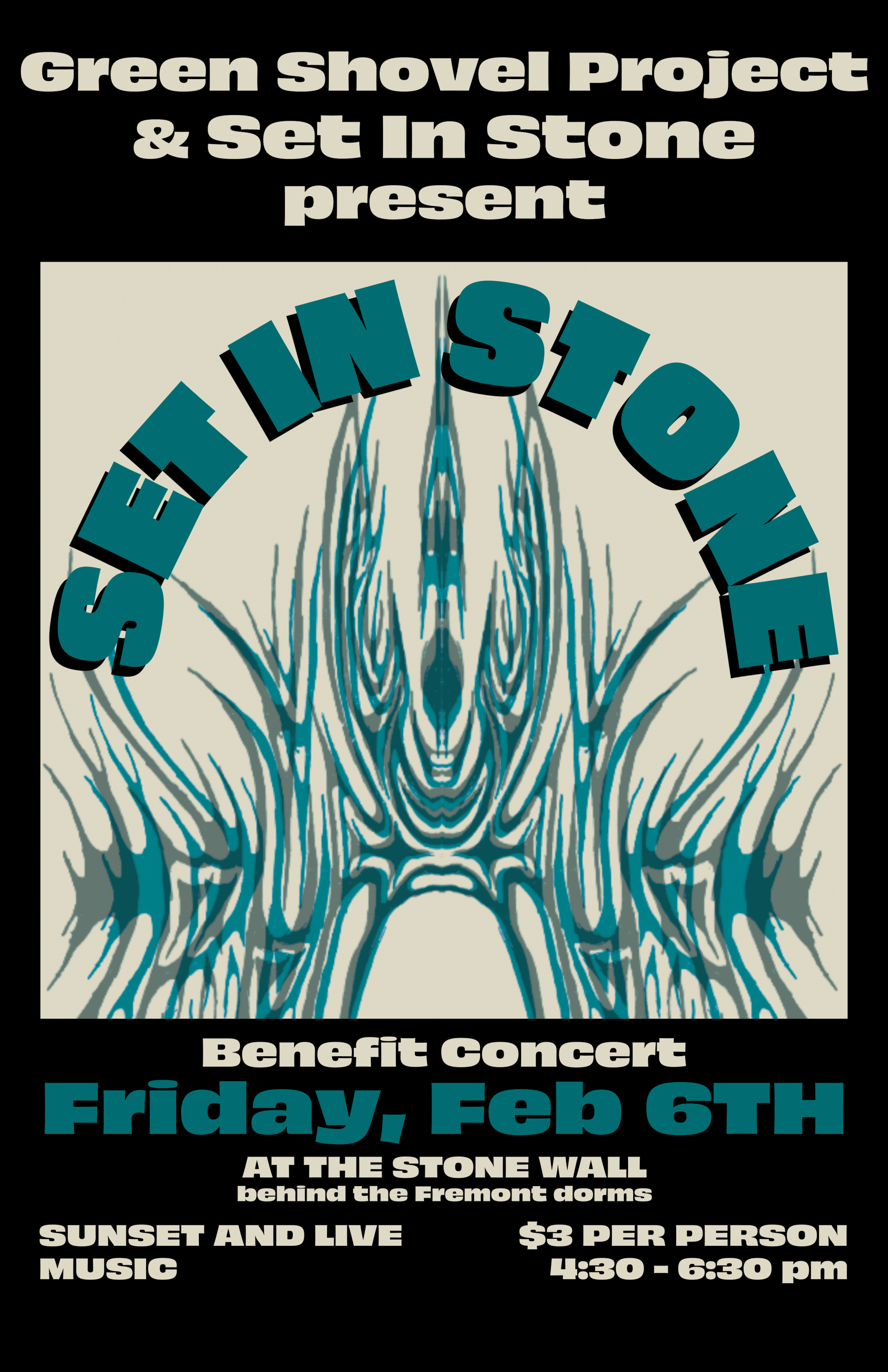 Flyer for the Green Shovel Project and Set in Stone benefit concert on Friday, February 6, at sunset with live music